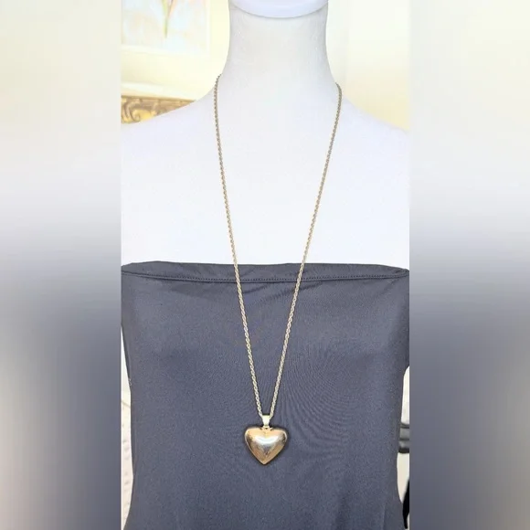 Vintage Gold Tone Puffy Heart Pendant Necklace Rope Chain 24” - Picture 2 of 12